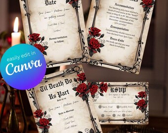 Vintage Gothic Red Rose Wedding Suite | Red Rose Invitation Bundle | Dark Romantic Elegant Canva Templates | Editable Wedding Set
