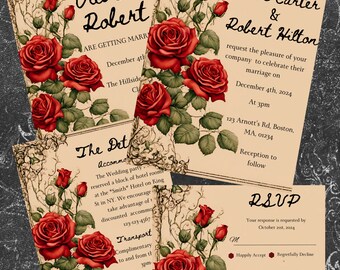 Vintage Gothic Wedding Invitation Set with Roses. Formal invite, Details card, RSVP, and Save the Date