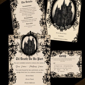Gothic Spukschloss Romantische Hochzeitseinladung Set, Detailkarte, Antwortkarten, Save the Date