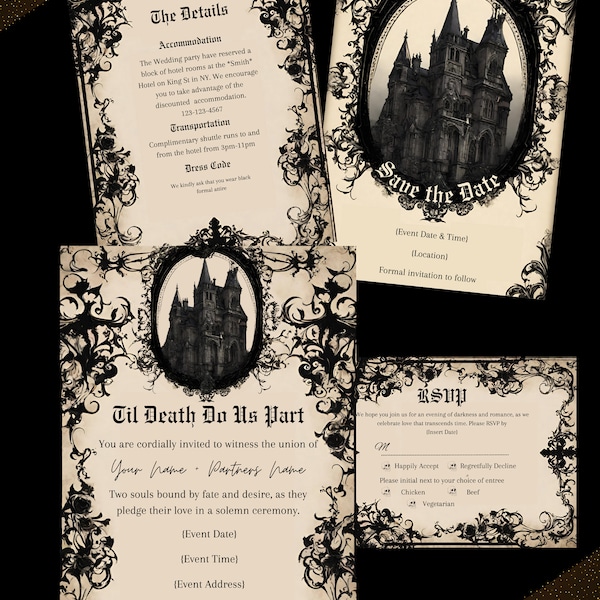 Gothic Black Lace Haunted Castle Romantic Wedding Invitation Set, Details Card, RSVP, Save the Date