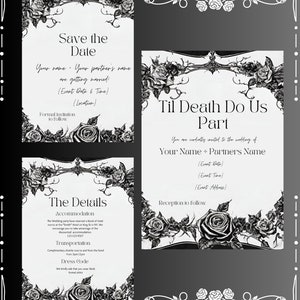 Set di inviti di nozze Till Death Do Us Part, rose eleganti e temi gotici. Salva la data, la scheda dettagli e l'invito al matrimonio