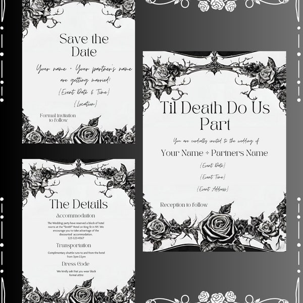 Till Death Do Us Part Wedding Invitation Set, Elegant roses and gothic themes. Save the Date, Details Card, and Wedding Invite
