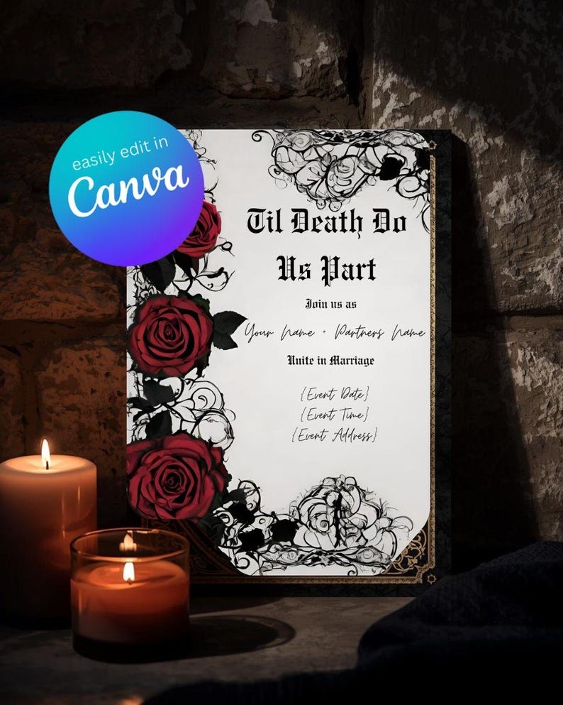 Gothic Red Rose Wedding Suite | Invitation Bundle | Dark Romantic Canva Templates | Editable Wedding Set, Goth Inspiration image 2
