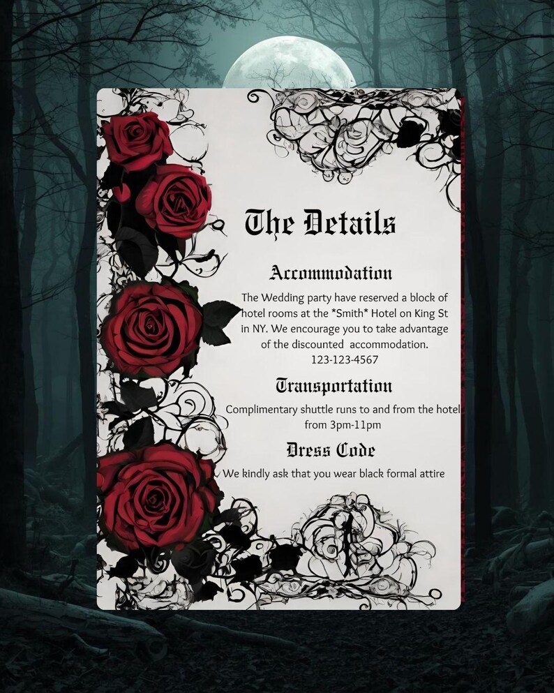 Gothic Red Rose Wedding Suite | Invitation Bundle | Dark Romantic Canva Templates | Editable Wedding Set, Goth Inspiration image 6