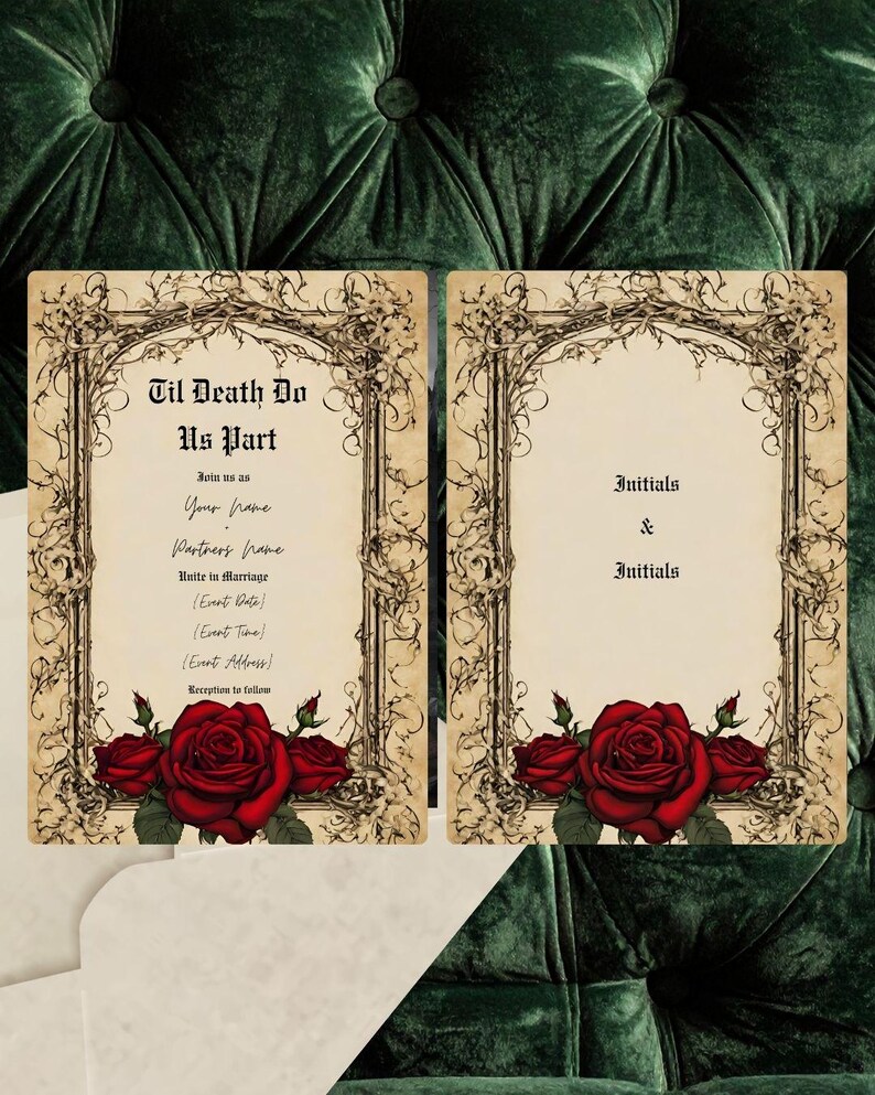 Gothic Vintage Red Rose Wedding Suite | Floral Rose Invitation Bundle | Dark Romantic Canva Templates | Editable Wedding Set image 3