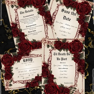 Convite de casamento gótico, reserve a data, conjunto de detalhes, cartão de confirmação de presença, com rosas e detalhes góticos.