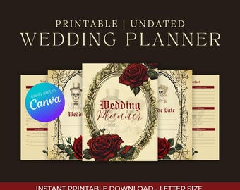 Red Rose Skeleton Bride and Groom Gothic Themed Wedding Planner Digital Download