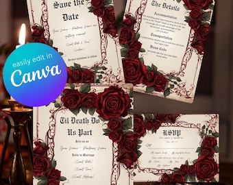 Gothic Red Rose Wedding Suite | Rose Invitation Bundle | Dark Romantic Canva Templates | Editable Wedding Set