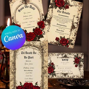 Gothic Vintage Red Rose Wedding Suite | Floral Rose Invitation Bundle | Dark Romantic Canva Templates | Editable Wedding Set image 1