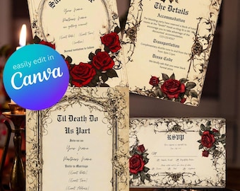 Gothic Vintage Red Rose Wedding Suite | Floral Rose Invitation Bundle | Dark Romantic Canva Templates | Editable Wedding Set