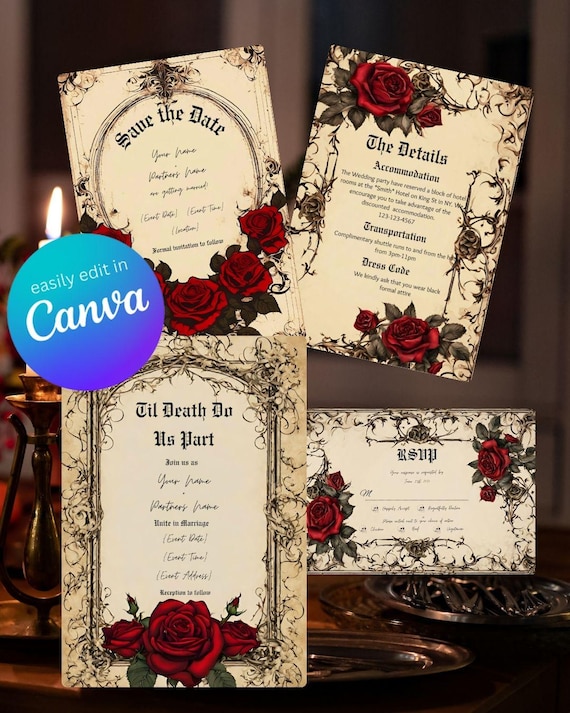 Gothic Vintage Red Rose Wedding Suite | Floral Rose Invitation Bundle | Dark Romantic Canva Templates | Editable Wedding Set