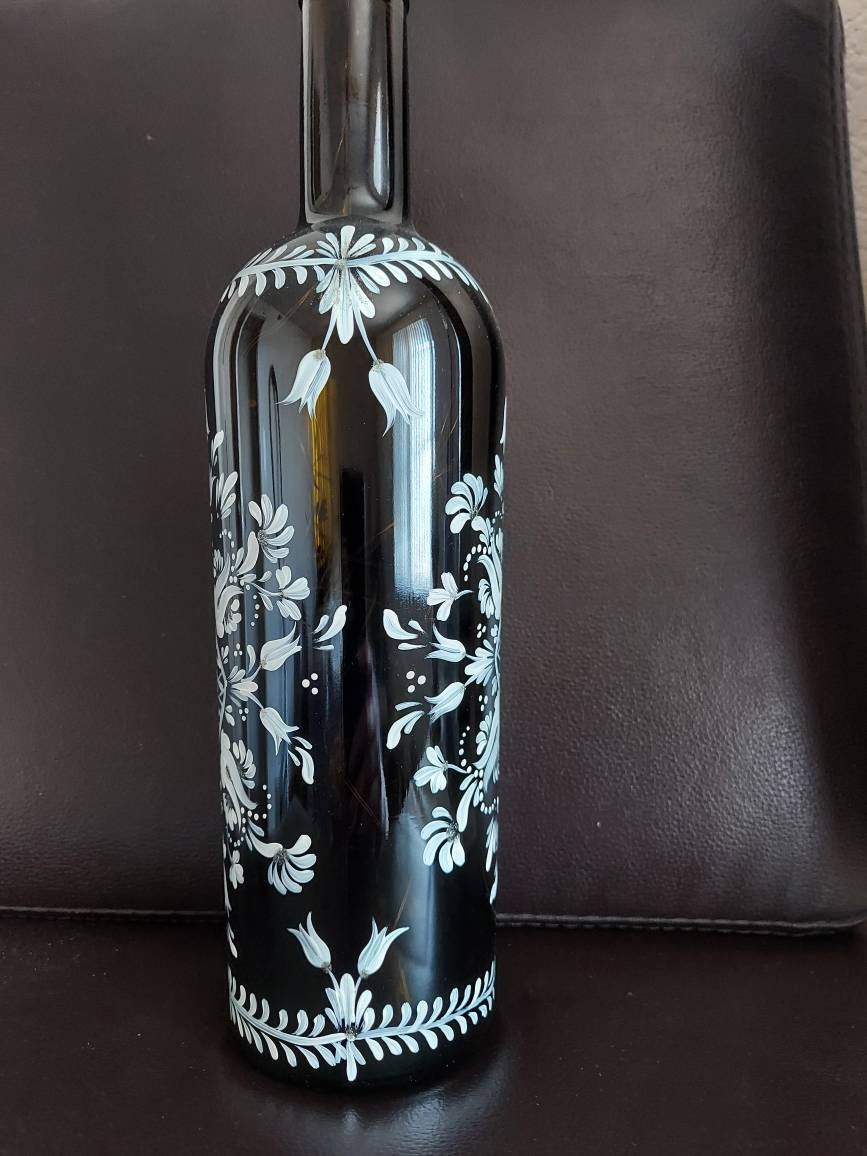 Beautiful hand painted wine bottle. AC collection Etsy
