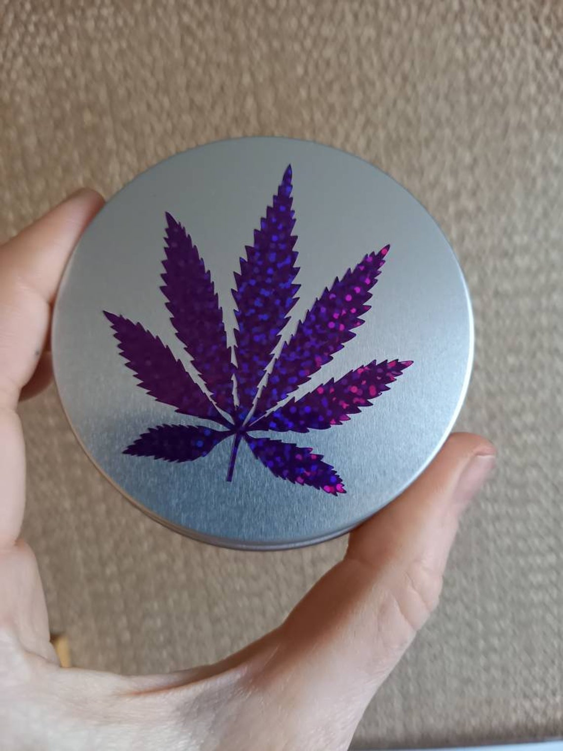 Stash Tin Purple Holographic Marijuana Leaf Design Screw Etsy