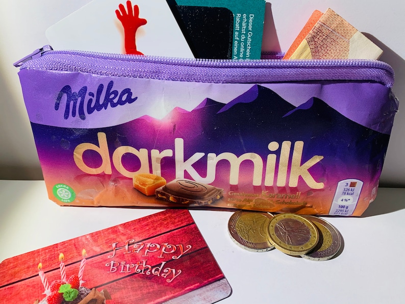 Geldbörse aus recycelter CHOCOLATE MILKA Tasche Handgemachtes umweltfreundliches Geschenk Stifteetui oder Kosmetiktasche Bild 1