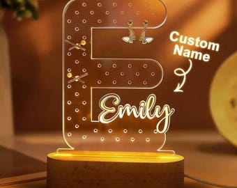 Expositor de pendientes acrílico con nombre personalizado, soporte para pendientes con forma de E/S, organizador de pendientes con luz nocturna