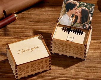 Caja de música de madera personalizada, foto personalizada y recuerdo de canción