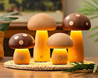 Lámpara de madera artesanal con forma de seta, recargable y regulable, ideal para la mesita de noche.
