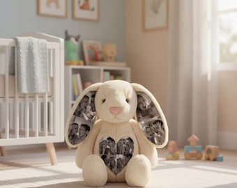 Conejito de peluche personalizado con foto, conejito de peluche para bebé, recuerdo para recién nacido, baby shower, aniversario de pareja, regalo de primer cumpleaños