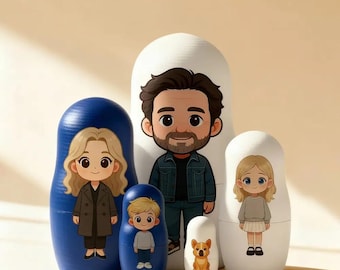 Ritratto personalizzato di bambola nidificante, foto di famiglia in stile cartone animato, regalo per neonato, regalo di Natale