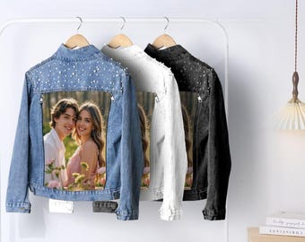 Chaqueta vaquera de novia personalizada con perla, regalo de boda con foto personalizada
