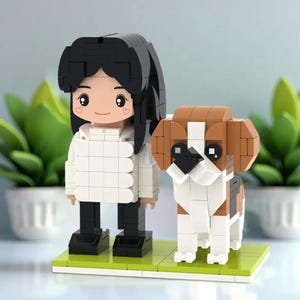 Minifigura de perro personalizada con persona, ladrillo personalizado, minifiguras personalizadas, regalos para dueños de perros, retratos de mascotas, minifiguras de ladrillo personalizadas