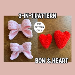 Puede incluir: Dos patrones de crochet, un lazo rosa y un corazón rojo, con el texto "2-IN-1 PATTERN PDF PATTERN ONLY BOW & HEART" sobre una superficie de madera.