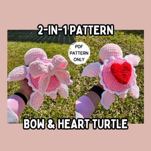 May include: Two crochet turtle amigurumi patterns, one with a pink bow and one with a red heart. The pattern is available as a PDF download only. 2-IN-1 PATTERN BOW & HEART TURTLE PDF PATTERN ONLY
