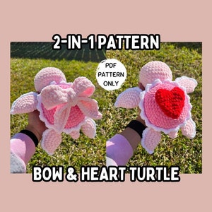 Bow and Heart Turtle Crochet Pattern Valentines Day 2-in-1 Pattern PDF Ribbon Download Beginner Friendly Amigurumi Coquette Stuffed Animal