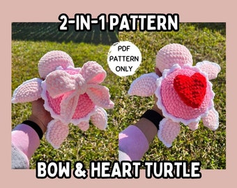 Bow and Heart Turtle Crochet Pattern Valentines Day 2-in-1 Pattern PDF Ribbon Download Beginner Friendly Amigurumi Coquette Stuffed Animal