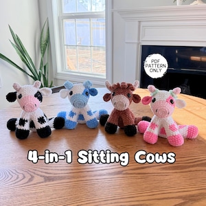 4-in-1 Sitting Cow Crochet Pattern Bundle Amigurumi Highland Strawberry Dairy Blueberry Beginner Friendly Farm Stuffed Animal Baby Cows