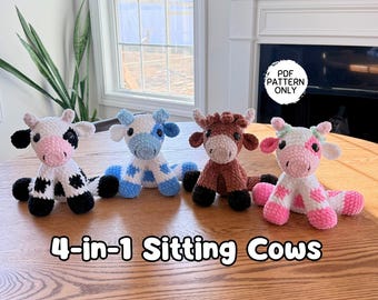 4-in-1 Sitting Cow Crochet Pattern Bundle Amigurumi Highland Strawberry Dairy Blueberry Beginner Friendly Farm Stuffed Animal Baby Cows