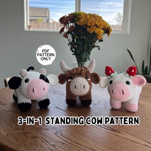 Virkmönster för ko, stående ko, 3-i-1-mönsterpaket, amigurumi, högland, jordgubb, mejeri, sött nybörjarvänligt gosedjur med bondgårdsmotiv
