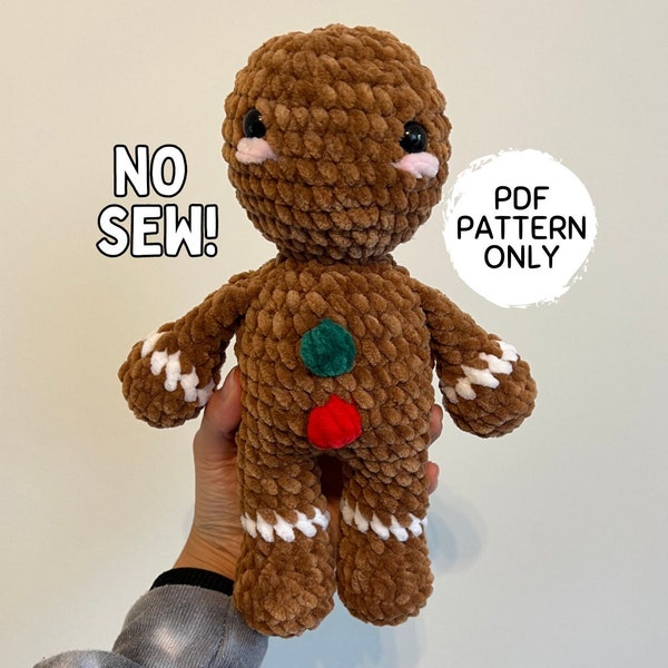 Gingerbread Man Crochet Pattern NO SEW Beginner Friendly Amigurumi Christmas Stuffed Animal PDF Download