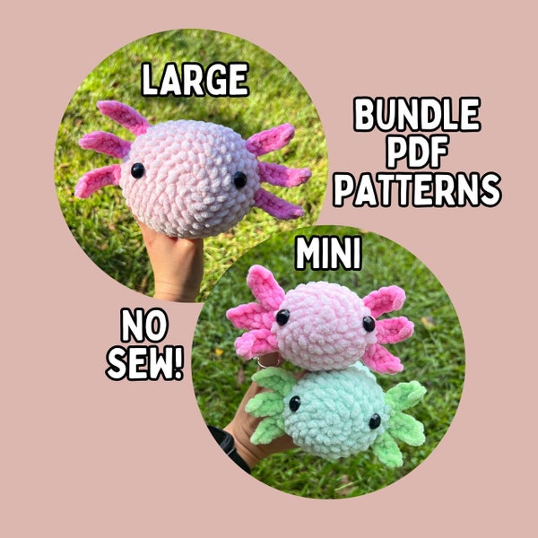 Bundle Axolotl Crochet Patterns NO SEW Beginner Friendly Amigurumi PDF Download Stuff Animal Mini Jumbo