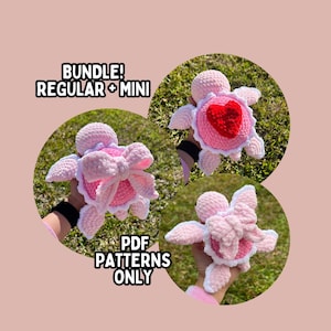 Può includere: Un pacchetto di due schemi di amigurumi di tartaruga all'uncinetto, uno normale e uno mini. Le tartarughe sono rosa con dettagli bianchi e hanno un fiocco rosa o un cuore rosso sui loro gusci. Gli schemi sono disponibili in formato PDF.
