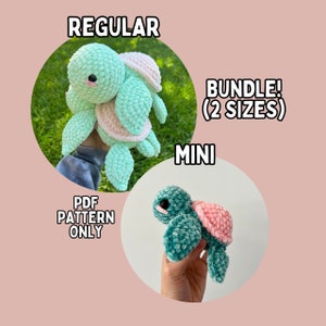 Könnte beinhalten: Häkelanleitung für Amigurumi-Schildkröte als PDF-Download. Wählen Sie aus zwei Größen: regulär oder mini. Die Anleitung enthält Anweisungen zum Häkeln einer grünen und rosa Schildkröte mit Panzer.