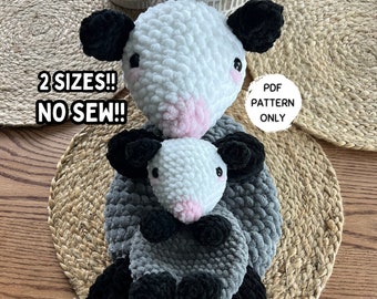 Crochet Opossum Snuggler Pattern NO SEW, 2 sizes included, Download Amigurumi PDF Stuffed Animal Lovey Possum Beginner Friendly