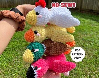 May include: A set of four crochet amigurumi patterns: a white chicken, a yellow duck, a brown and green duck, and a pink flamingo. The patterns are available as a PDF download and are labelled "NO SEW!!" and "4-IN-1 PATTERN BUNDLE".