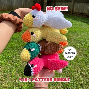 Crochet Bird Pattern Bundle 4-in-1 NO SEW Patterns Flamingo Mallard Chicken Chick Beginner Friendly Amigurumi Ducks Stuffed Animal