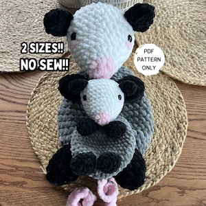 Crochet Opossum Snuggler Pattern NO SEW, 2 sizes included, Download Amigurumi PDF Stuffed Animal Lovey Possum Beginner Friendly