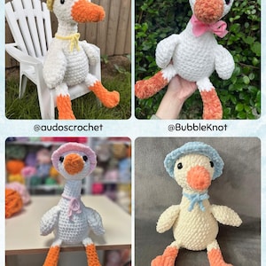 May include: A collection of four handmade crochet plush geese. Each goose features a white or cream body, orange feet and beak, and black eyes. They are accessorized with various colored hats and neck ribbons, including yellow, pink, and light blue.