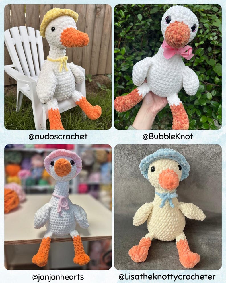 May include: A collection of four handmade crochet plush geese. Each goose features a white or cream body, orange feet and beak, and black eyes. They are accessorized with various colored hats and neck ribbons, including yellow, pink, and light blue.