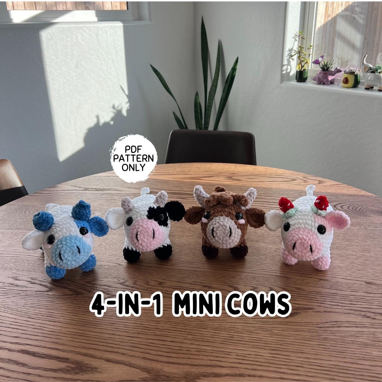 ミニ牛のかぎ針編みパターン 立っている牛 4-in-1パターンバンドル