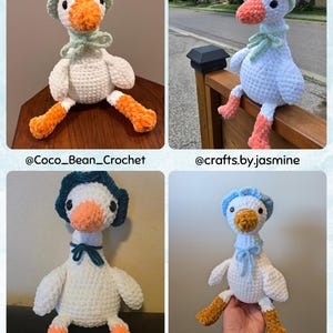 May include: A collection of four handmade crochet plush geese, each featuring a white body, orange feet and beak, and black eyes. Each goose wears a small, uniquely colored crocheted bonnet tied with a matching ribbon under the chin.
