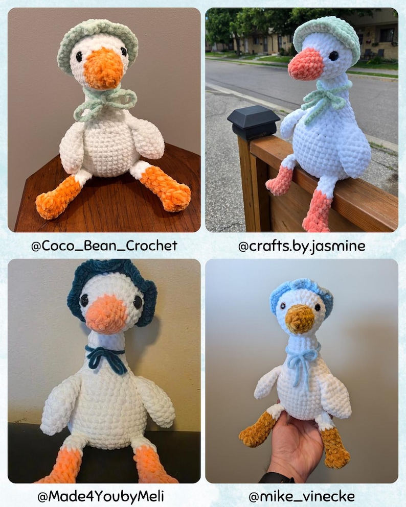 May include: A collection of four handmade crochet plush geese, each featuring a white body, orange feet and beak, and black eyes. Each goose wears a small, uniquely colored crocheted bonnet tied with a matching ribbon under the chin.
