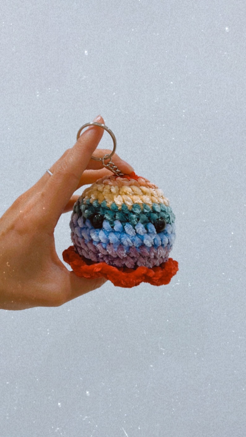 Op de afbeelding: Een regenboogkleurige gehaakte octopus sleutelhanger met zwarte ogen en een rode tentakel.