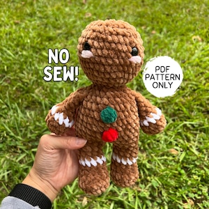 Gingerbread Man Crochet Pattern NO SEW Beginner Friendly Amigurumi Christmas Stuffed Animal PDF Download