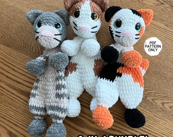 Crochet Cat Snuggler Muster 3-in-1 Bündel Snuggler Lovey Calico Stripe getupft Anfänger freundlich Amigurumi Kitty Katzen Kätzchen Baby