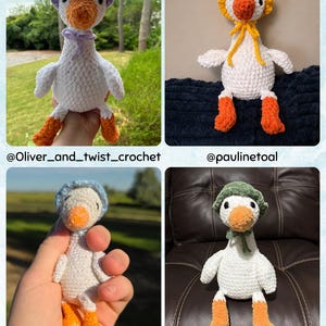 May include: Four handmade crochet plush geese with white bodies and orange beaks and feet. Each goose wears a different colored bonnet: light purple, yellow, light blue, and dark green. The text @Oliver_and_twist_crochet, @paulinetoal, @EveeOriginalCreation, and @sherriburrows appears below each respective goose.