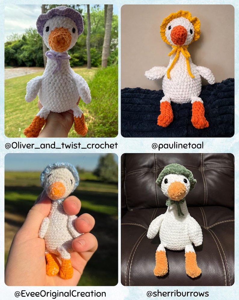 May include: Four handmade crochet plush geese with white bodies and orange beaks and feet. Each goose wears a different colored bonnet: light purple, yellow, light blue, and dark green. The text @Oliver_and_twist_crochet, @paulinetoal, @EveeOriginalCreation, and @sherriburrows appears below each respective goose.
